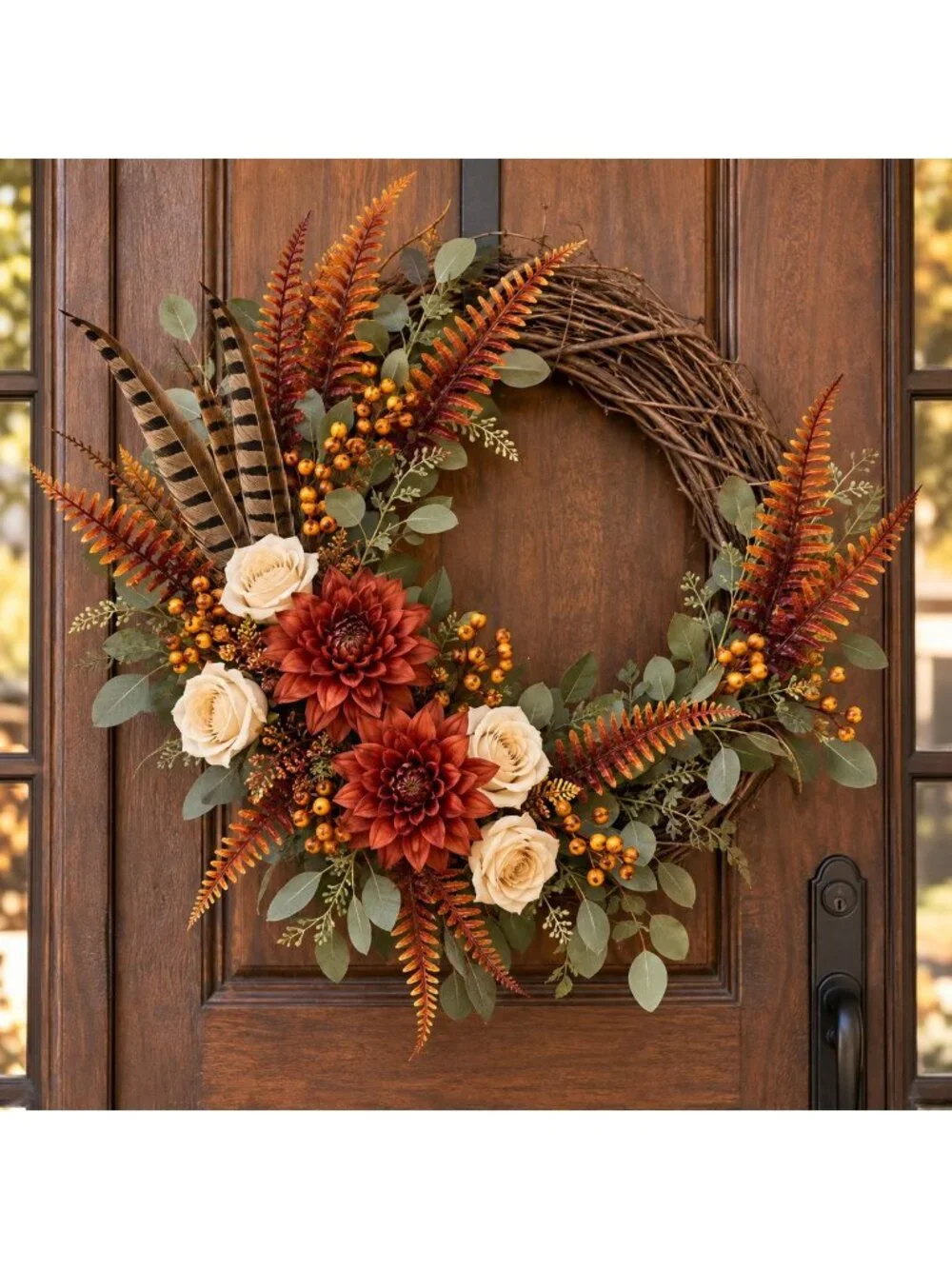 Artificial Fall Fern Stems Set of 7, Faux Orange Rust Brown Fern Picks, 15 Inch